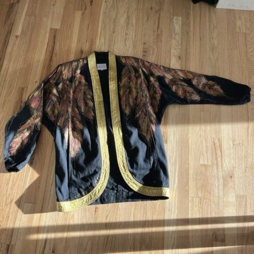 Vintage Sundance Black Denim Jean Handpainted‎ 4 Piece Set Crain Design Large